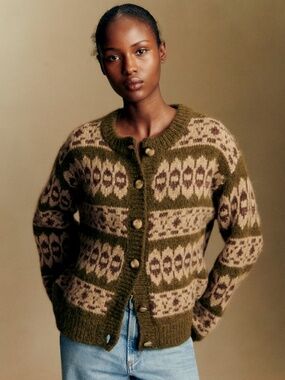 Sezane Thomas Cardigan - Sézane X Baziszt Khaki Jacquard - Size S